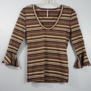Free People Metallic Striped Bell Sleeve Top Size Small